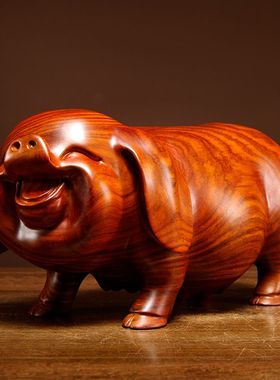 红木雕刻猪饰品实木生肖夫妇猪动物客厅家居装饰红木工艺品