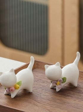小猫陶瓷小摆件手捏配件创意小可轻花茶道宠桌面奢迷你养家居茶