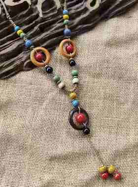 复古波西米亚风陶瓷项链女新中式异域民族风禅意长款毛衣链配饰品