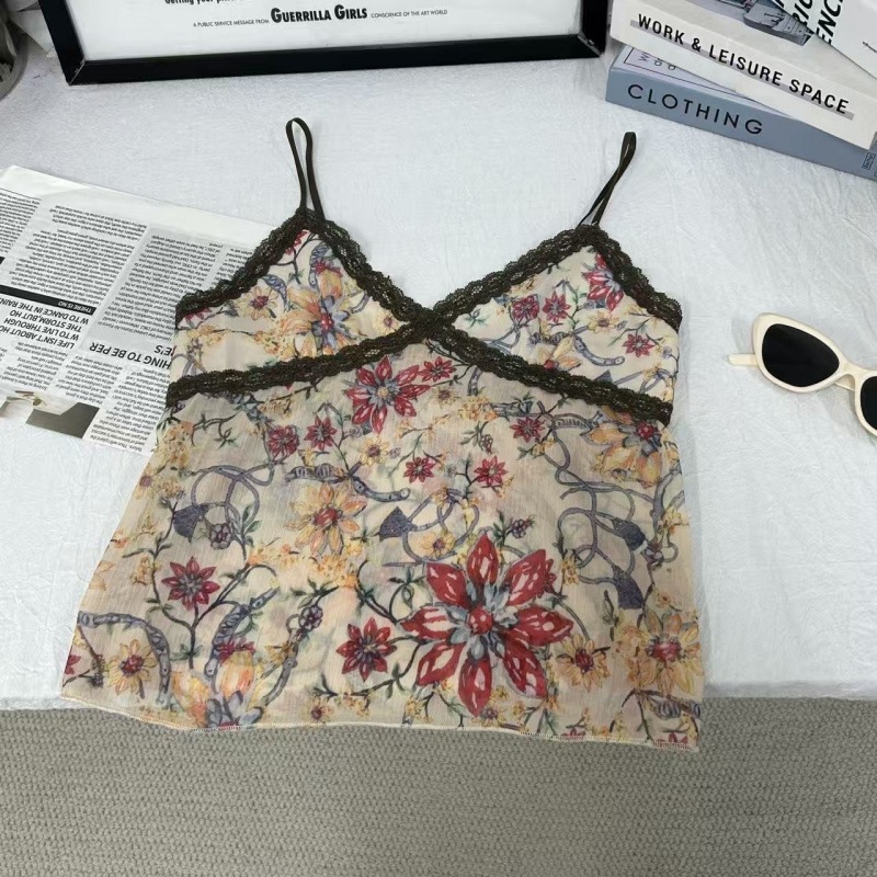 เสื้อชั้นในผู้หญิง แต่งขอบลูกไม้สีขาว พิมพ์ลายดอกไม้วินเทจ “Eden Floral Feast” รุ่นใหม่สำหรับฤดูร้อน เสื้อตัวสั้นทรงสลิม