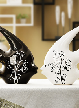 创意新中式家居装饰玄关软装黑白现代简约陶瓷小摆设茶几桌面摆件