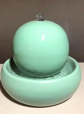 欧式陶瓷喷泉流水加湿器蓝色摆件家居客厅桌面创意水景工艺品摆设