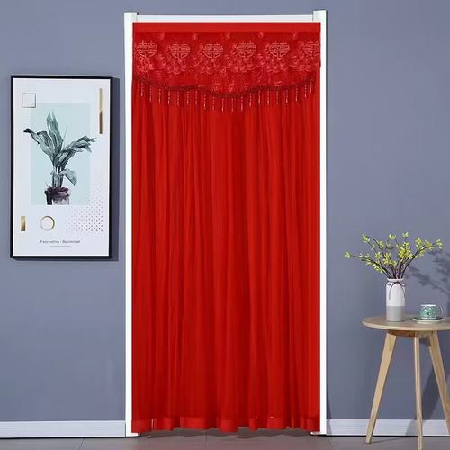 婚庆结婚双层门帘婚房家用红色喜庆卧室免打孔新款蕾丝防蚊门帘 - 图1