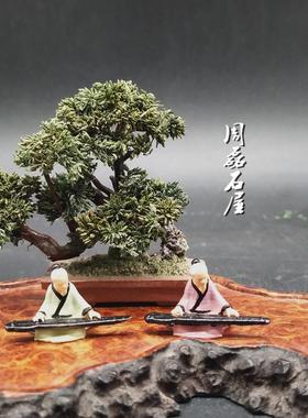 精品复古人物弹琴伯牙抚琴奇石盆景沙盘枯山水微景观树脂道具摆件
