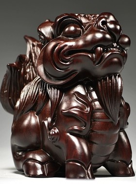 黑檀木雕麒麟摆件木制麒麟一对家居客厅玄关公司装饰开业乔迁送礼