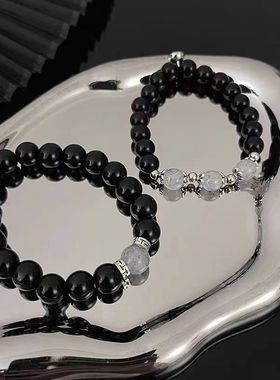 情侣款手链复古风黑曜石珠子手串ins小众设计简约闺蜜学生手饰女
