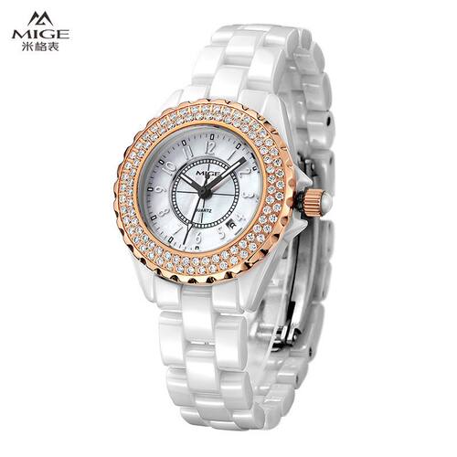 米格（MIGE）镶钻陶瓷钢带石英女表时尚气质防水腕表MG88006夜光 - 图1