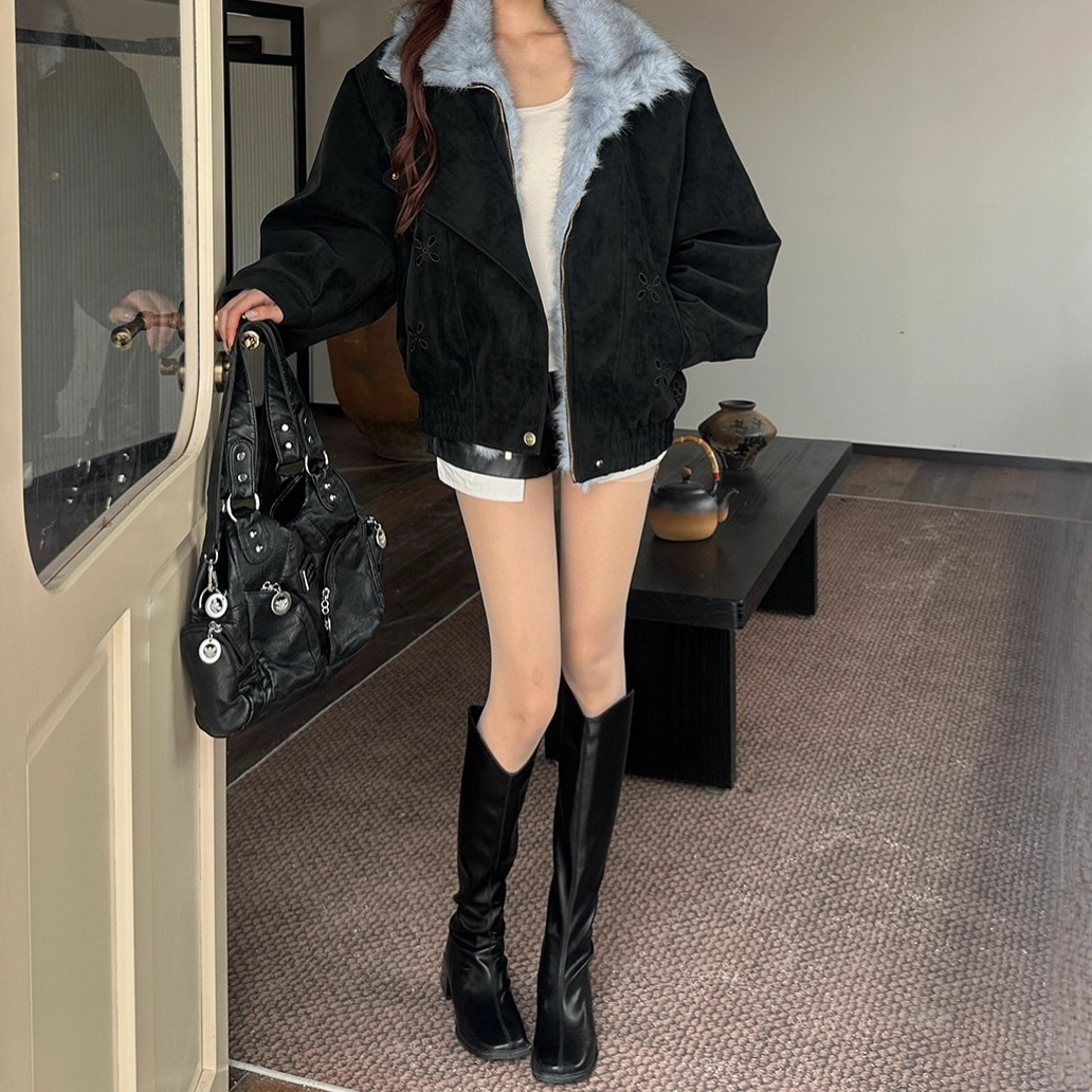 เสื้อแจ็กเก็ตผ้าฝ้ายบุนวมทรงหลวม ใส่ได้หลายโอกาส คอปกขนสัตว์สีตัดกัน เสื้อโค้ททรงหลวม สไตล์มาอิยาร์ด หนังเงาวาว สไตล์สาวสังคมฝรั่งเศส
