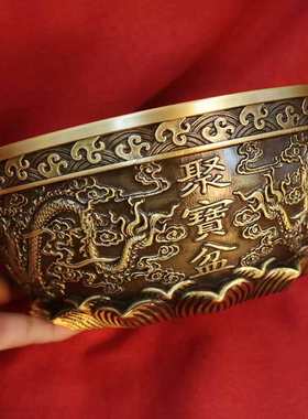 22cm双龙聚宝盆纯铜摆件家用二龙戏珠黄铜米缸客厅玄关招财装饰品