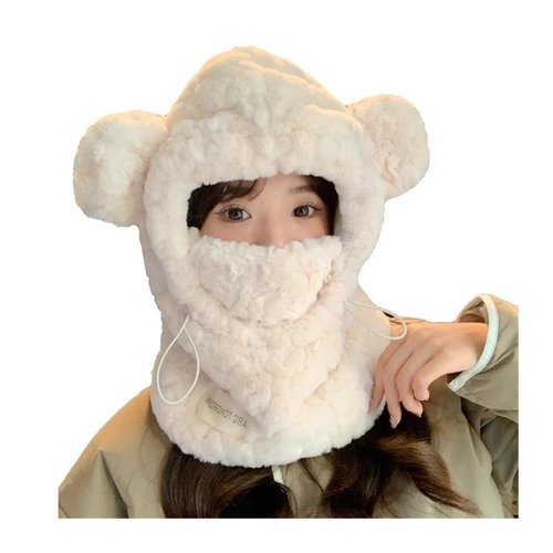 可爱毛绒帽子围脖一体口罩围巾女冬季儿童保暖面罩骑行防风头套 - 图3