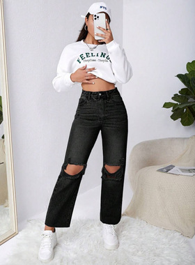 R 10805 Distressed slim women's cropped jeans 破洞紧身女士九