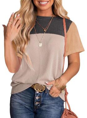 E 10536 Striped patch women's short tee 拼接多色条纹短袖 T