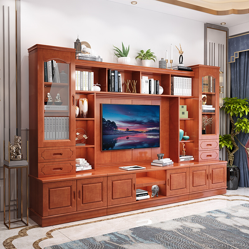 中式实木电视背景柜组合墙柜多功能客厅整体墙酒柜一体收纳储物柜