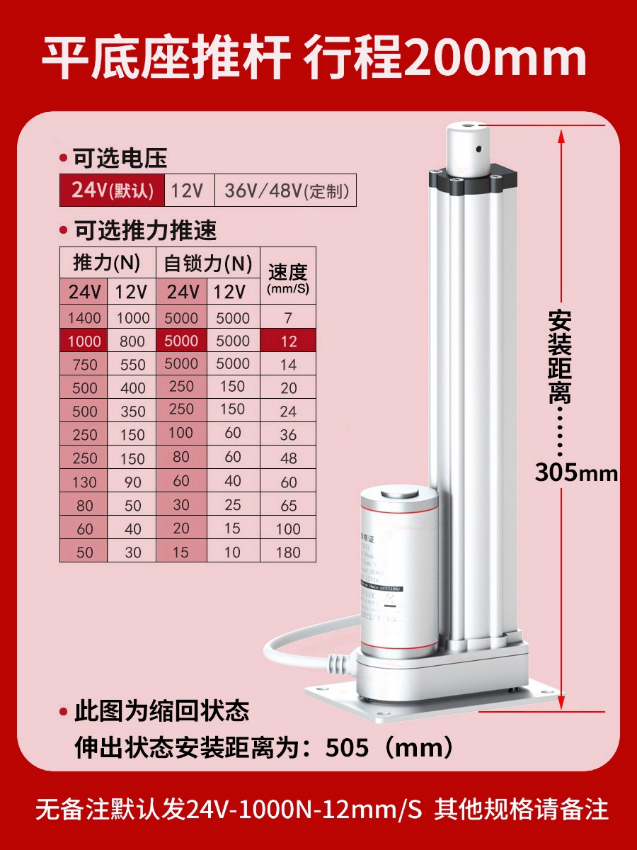 电动推杆平底座平面液压支撑杆微型小型12V24V大推力直线推杆电机 - 图1