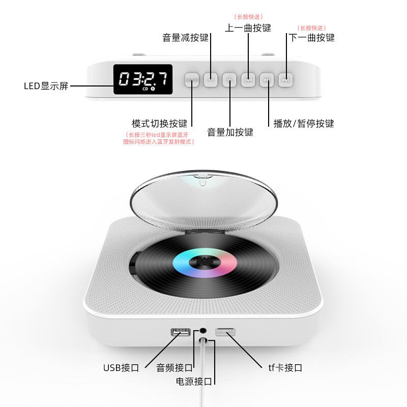 壁挂式CD播放机黑胶专辑播放器蓝牙便携复读DVD影碟机VCD生日礼物 - 图1