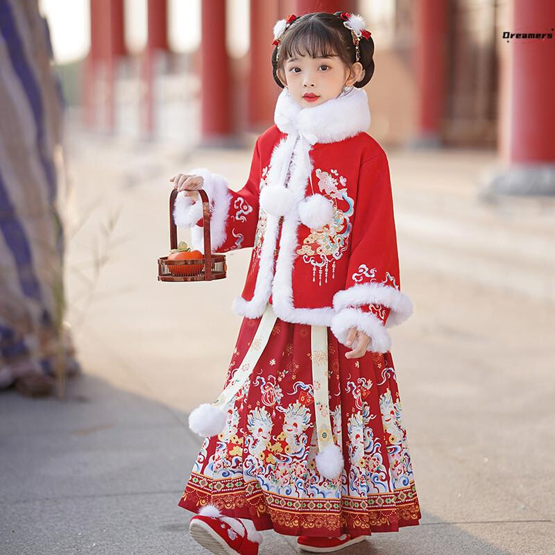 。龙年儿童拜年服女童过年喜庆衣服冬款厚女宝宝新年装汉服冬季加 - 图0