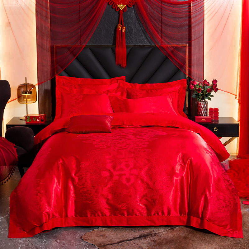床上用品大红色结婚四件套纯棉贡缎提花婚庆床单被套床品整套 - 图1
