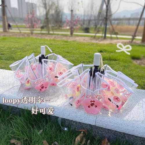 海狸loopy透明雨伞儿童长柄折叠可爱高颜值自动伞小学生专用女孩 - 图3