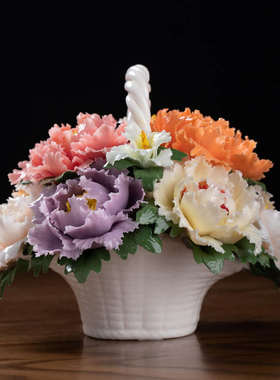 东方泥土花开富贵非遗手工瓷花牡丹花篮装饰品办公室客厅陶瓷摆件