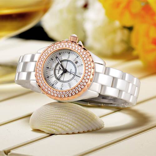 米格（MIGE）镶钻陶瓷钢带石英女表时尚气质防水腕表MG88006夜光 - 图0