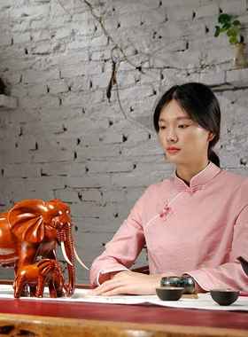 花梨木雕大象摆件实木质雕刻子母象家居客厅电视柜装饰红木工艺品