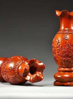 花梨木雕花瓶摆件实木大号花开富贵一对家居客厅电视柜红木工艺品