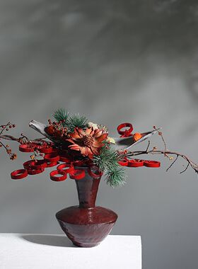 形上红色大漆陶瓷手作花器日式花瓶家居客厅民宿茶室插花装饰摆件