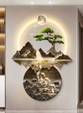 流水生财新中式玄关装饰画入户正对门壁画灯走廊过道山水高端挂画