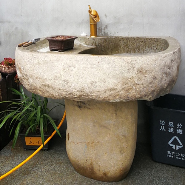 天然原石鹅卵石头洗衣池家用室外花园立柱落地洗手盆庭院别墅水盆