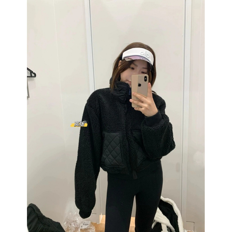 alo เสื้อโค้ทสั้นขนแกะสีน้ำตาล สำหรับฤดูใบไม้ร่วงและฤดูหนาว หนาและอบอุ่น เสื้อแจ็กเก็ตสปอร์ตลำลอง คอตั้ง มีซิป