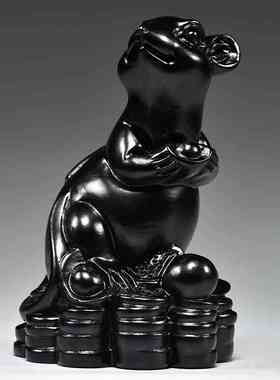 黑色老鼠摆件实木雕刻十二生肖黑鼠办公补角装饰客厅工艺品电视柜