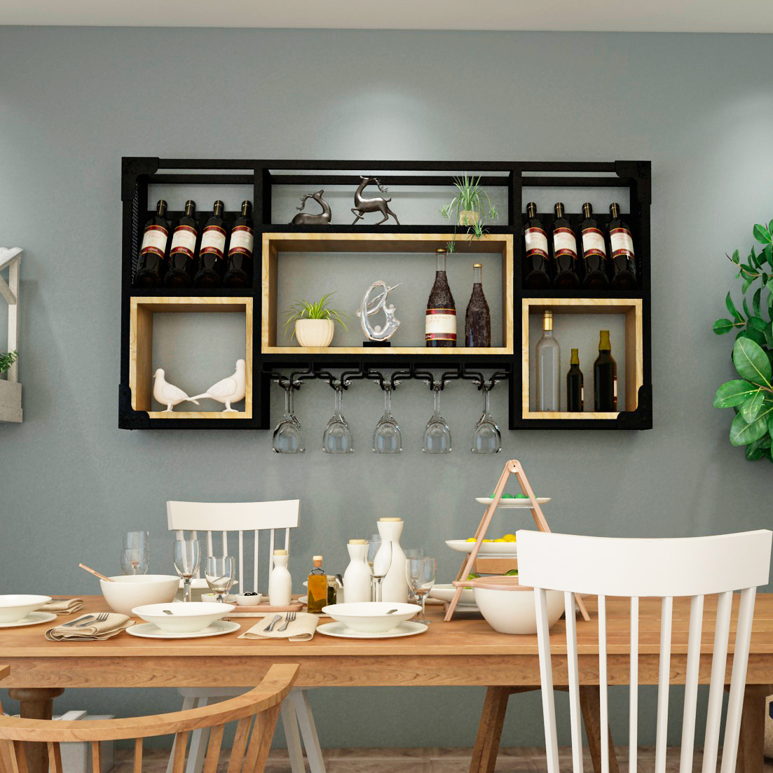 北欧铁艺酒架实木壁挂酒柜家用简约红酒架悬挂式高脚杯架葡萄酒架