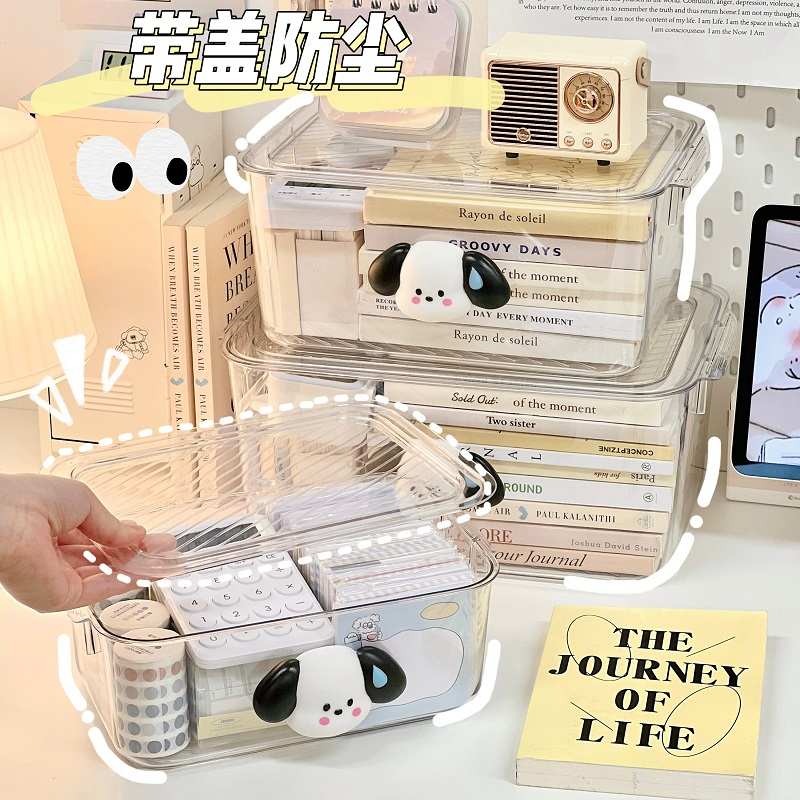 桌面收纳盒卡通透明大容量带盖提手整理盒宿舍卧室书桌柜子置物架 - 图1