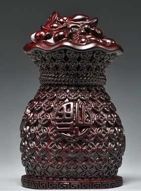 黑檀木雕刻福袋摆件代代有钱客厅玄关酒柜装饰工艺品店铺开业送礼