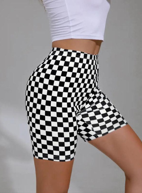 A 63691 Women's checkered print high waist yoga shorts 女士