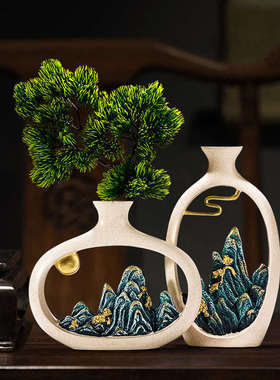 新中式迎客松花瓶摆件高端客厅电视柜博古架办公室茶室桌面装饰品