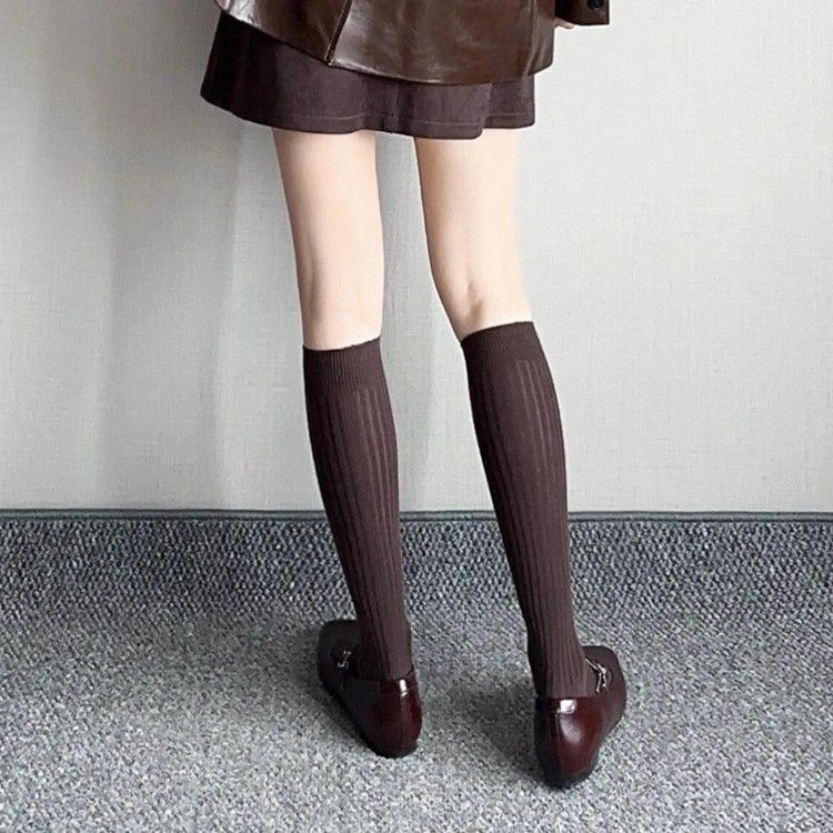 纯色小腿袜子女棕咖色棉袜日系中筒袜jk及膝袜显瘦长筒袜堆堆袜潮 - 图1