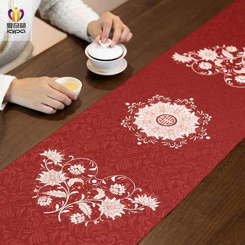 莲运花开桌旗轻奢高端茶席垫子中式复古茶台桌布红色结婚茶桌垫布 - 图0