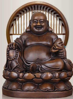 弥勒佛摆件实木雕刻招财笑佛像新中式家居客厅玄关店铺供奉财招佛