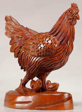 花梨实木雕刻母鸡摆件木头根雕母子鸡全家福十二生肖红木质工艺品