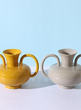 现代简约北欧亮光双耳几何陶瓷花瓶工艺品摆件家居样板房软装饰品
