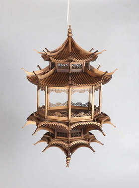 新中式日式古铜色八角亭古建筑镜像倒影枯山水造景玄关会所吊饰