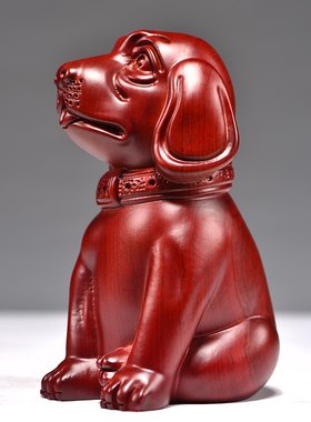 红花梨木雕狗摆件红色木狗实木生肖家居客厅电视柜装饰红木工艺品