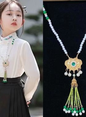 古风明制压襟莲花项链新中式长流苏背云软璎珞国风汉服马面裙配饰
