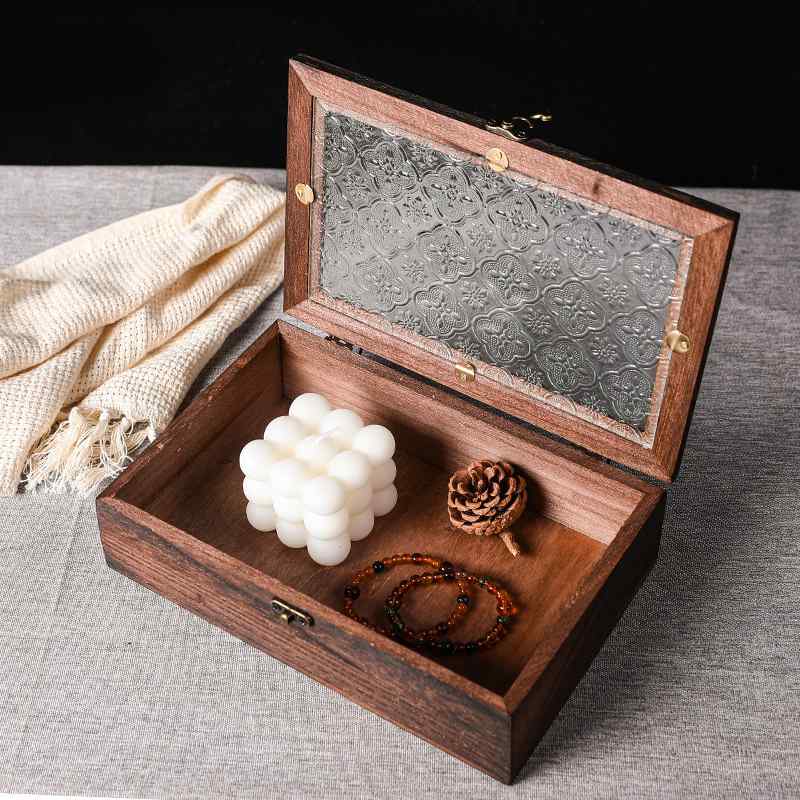 欧式复古木质海棠花玻璃收纳盒翻盖盒装饰化妆台摆件桌面摆设木盒 - 图1