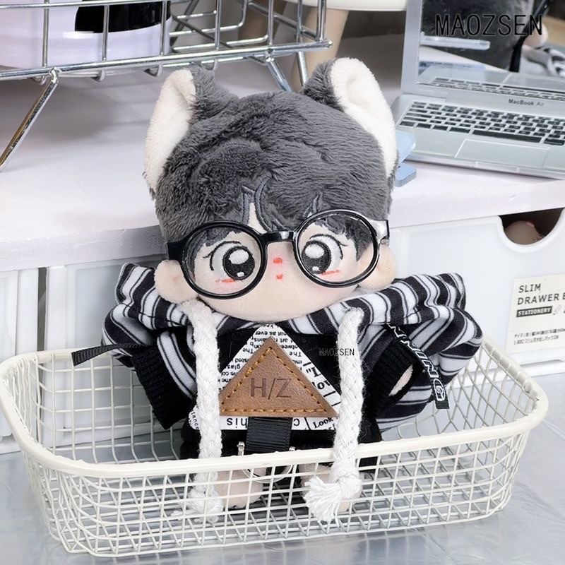 ตุ๊กตาผ้าพลัชใหม่ 10 ซม. ชุดตุ๊กตาผ้าฝ้าย เสื้อกันหนาวลายทางดำขาวพร้อมแว่นตา ชุดแต่งกายสำหรับตุ๊กตา
