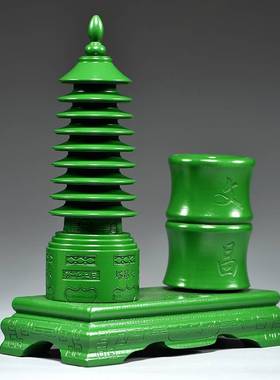 绿色桃木质雕刻9层九层文昌塔笔筒摆件客厅公司办公室书桌装饰品