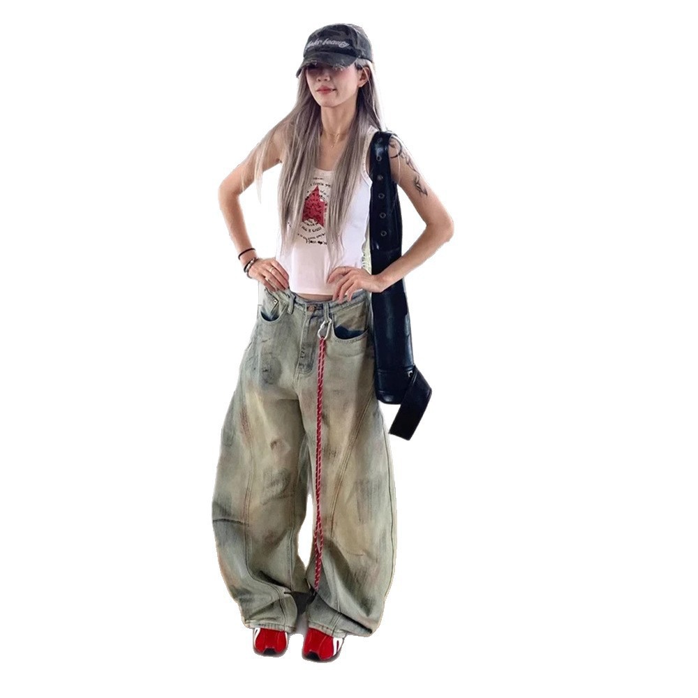 กางเกงยีนส์ขาบานปลาย ดีไซน์ย้อนยุคสไตล์อเมริกัน ย้อมสีสกปรก สำหรับผู้หญิง ใส่ทำงานในฤดูใบไม้ร่วง ทรงเอวสูง หลวมสบาย ชายขากว้าง