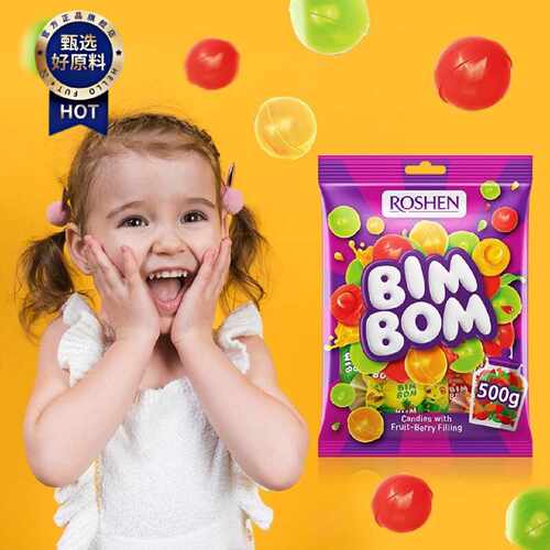 ROSHEN如胜丨BIMBOM乒乓果味夹心硬质糖果500g袋装混合水果汁味 - 图1