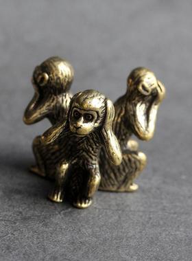 实心纯黄铜办公桌面小摆件三不猴古铜茶宠饰品工艺品礼品手把玩件
